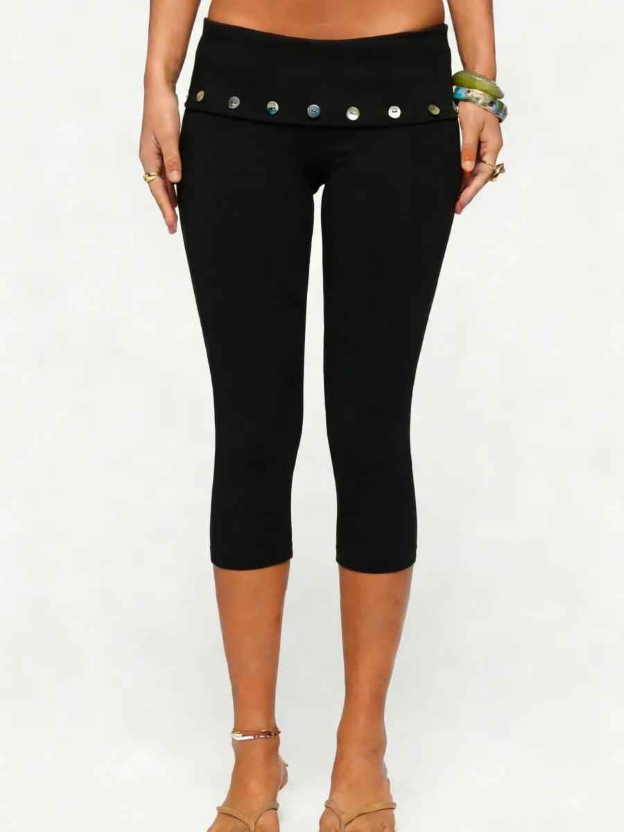 Black Capri Leggings with Fold-Over Button Embellished Waistband | Women's Boho Stretch Capris 0
