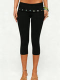 Black Capri Leggings with Fold-Over Button Embellished Waistband | Women's Boho Stretch Capris 0