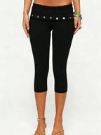 Black Capri Leggings with Fold-Over Button Embellished Waistband | Women's Boho Stretch Capris 0