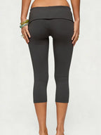 Black Capri Leggings with Fold-Over Button Embellished Waistband | Women's Boho Stretch Capris 3