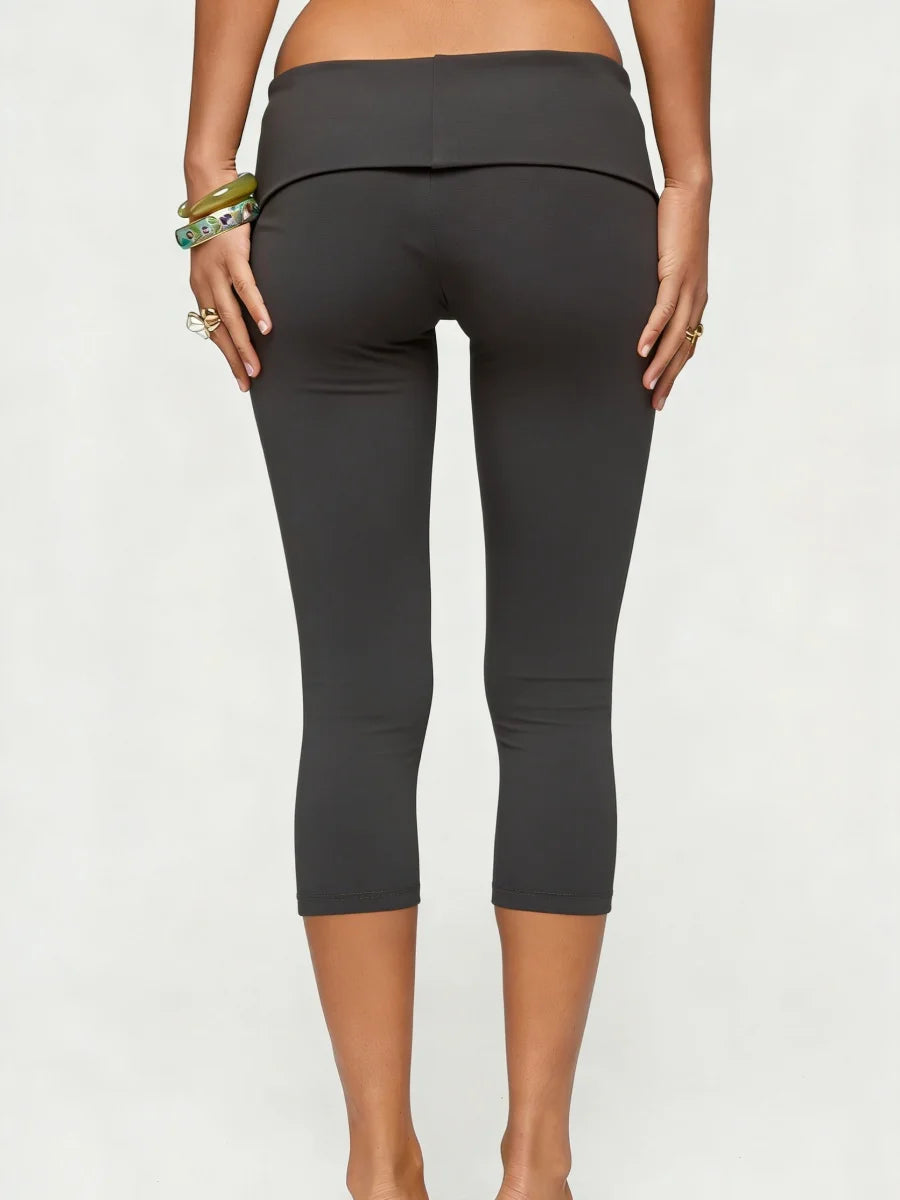 Black Capri Leggings with Fold-Over Button Embellished Waistband | Women's Boho Stretch Capris 3