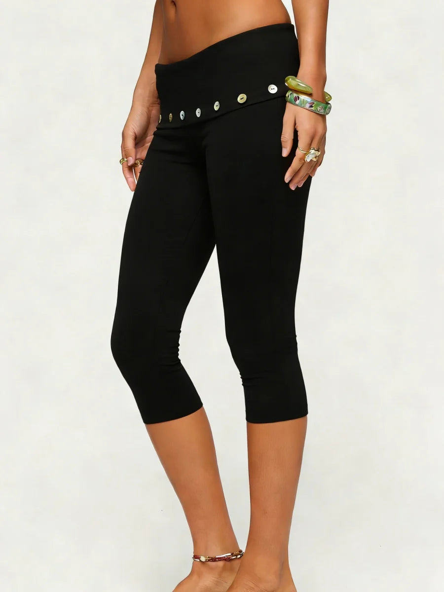 Black Capri Leggings with Fold-Over Button Embellished Waistband | Women's Boho Stretch Capris 4