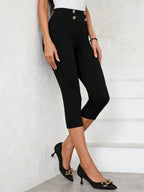 Black High-Waist Capri Pants with Gold Military Button Waistband  Women's Sleek Stretch Capris 2