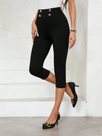 Black High-Waist Capri Pants with Gold Military Button Waistband  Women's Sleek Stretch Capris 3