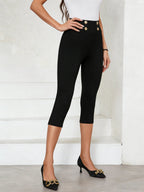 Black High-Waist Capri Pants with Gold Military Button Waistband  Women's Sleek Stretch Capris 4