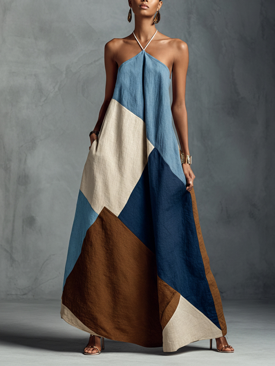 Bohemian Patchwork Maxi Dress | Flowy Cotton Linen Blend with Halter Neckline for Effortless Summer Style 0