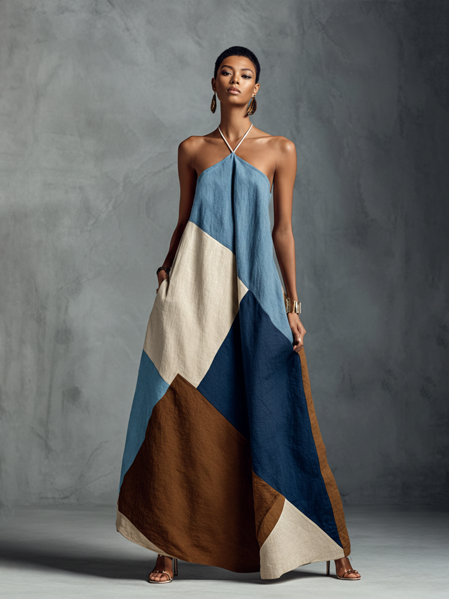 Bohemian Patchwork Maxi Dress | Flowy Cotton Linen Blend with Halter Neckline for Effortless Summer Style 1