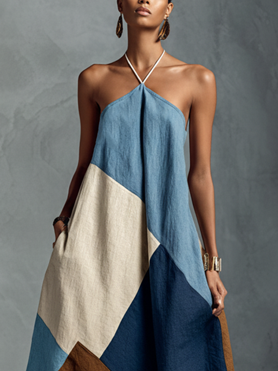 Bohemian Patchwork Maxi Dress | Flowy Cotton Linen Blend with Halter Neckline for Effortless Summer Style 2