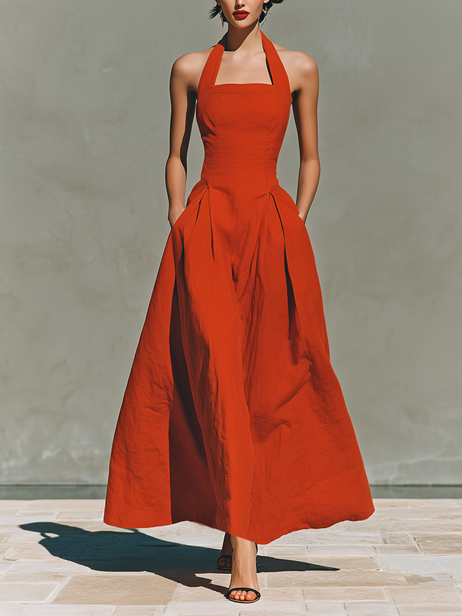 Elegant Resort Style | Women's Red Linen Maxi Dress with Halter Neck | Flowy Pleated Skirt for Effortless Movement 0