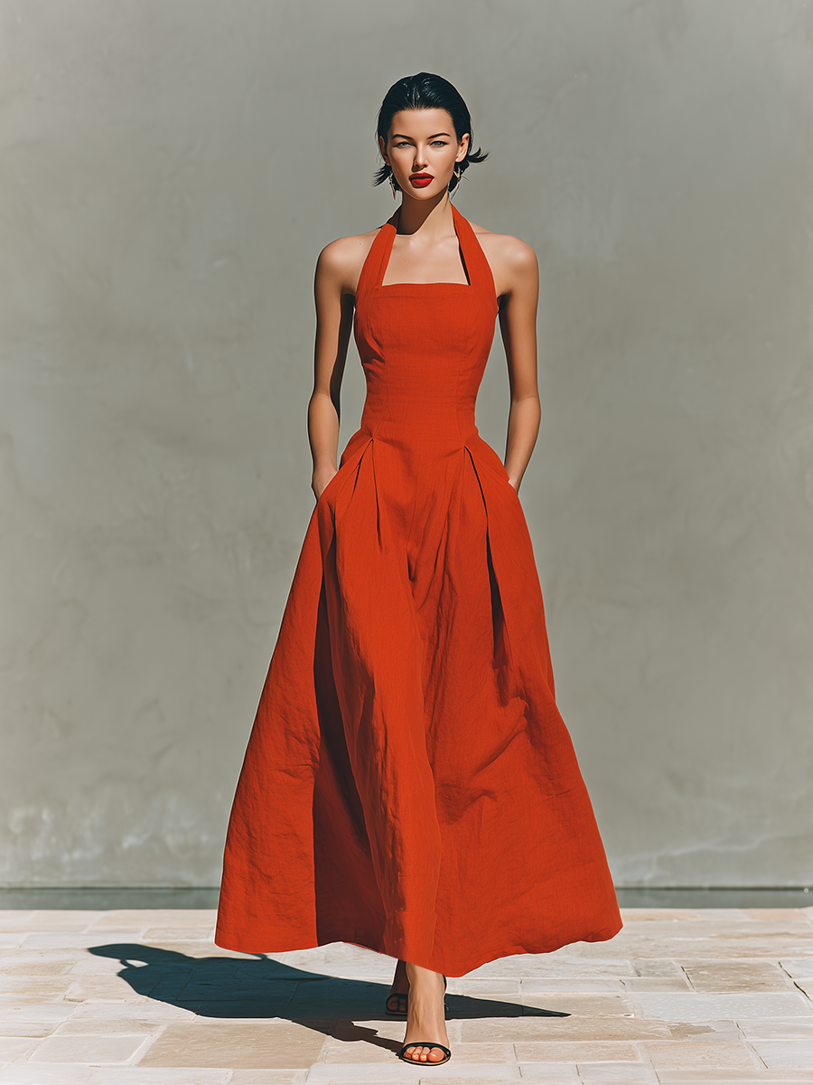 Elegant Resort Style | Women's Red Linen Maxi Dress with Halter Neck | Flowy Pleated Skirt for Effortless Movement 1