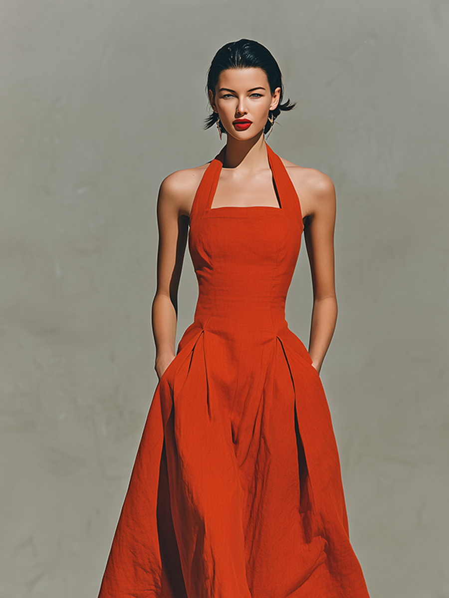 Elegant Resort Style | Women's Red Linen Maxi Dress with Halter Neck | Flowy Pleated Skirt for Effortless Movement 2