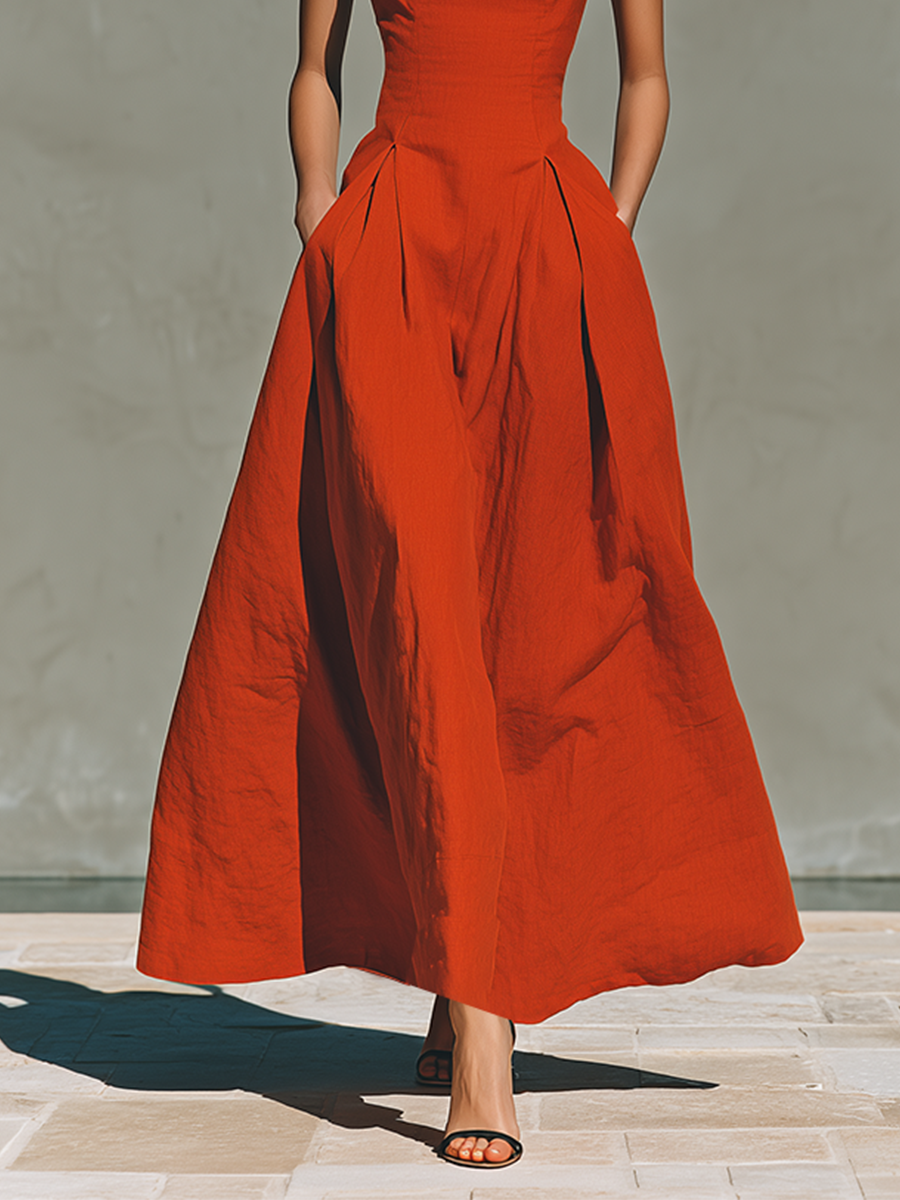 Elegant Resort Style | Women's Red Linen Maxi Dress with Halter Neck | Flowy Pleated Skirt for Effortless Movement 3