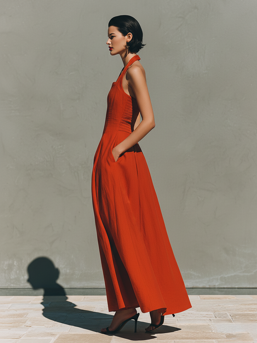 Elegant Resort Style | Women's Red Linen Maxi Dress with Halter Neck | Flowy Pleated Skirt for Effortless Movement 4