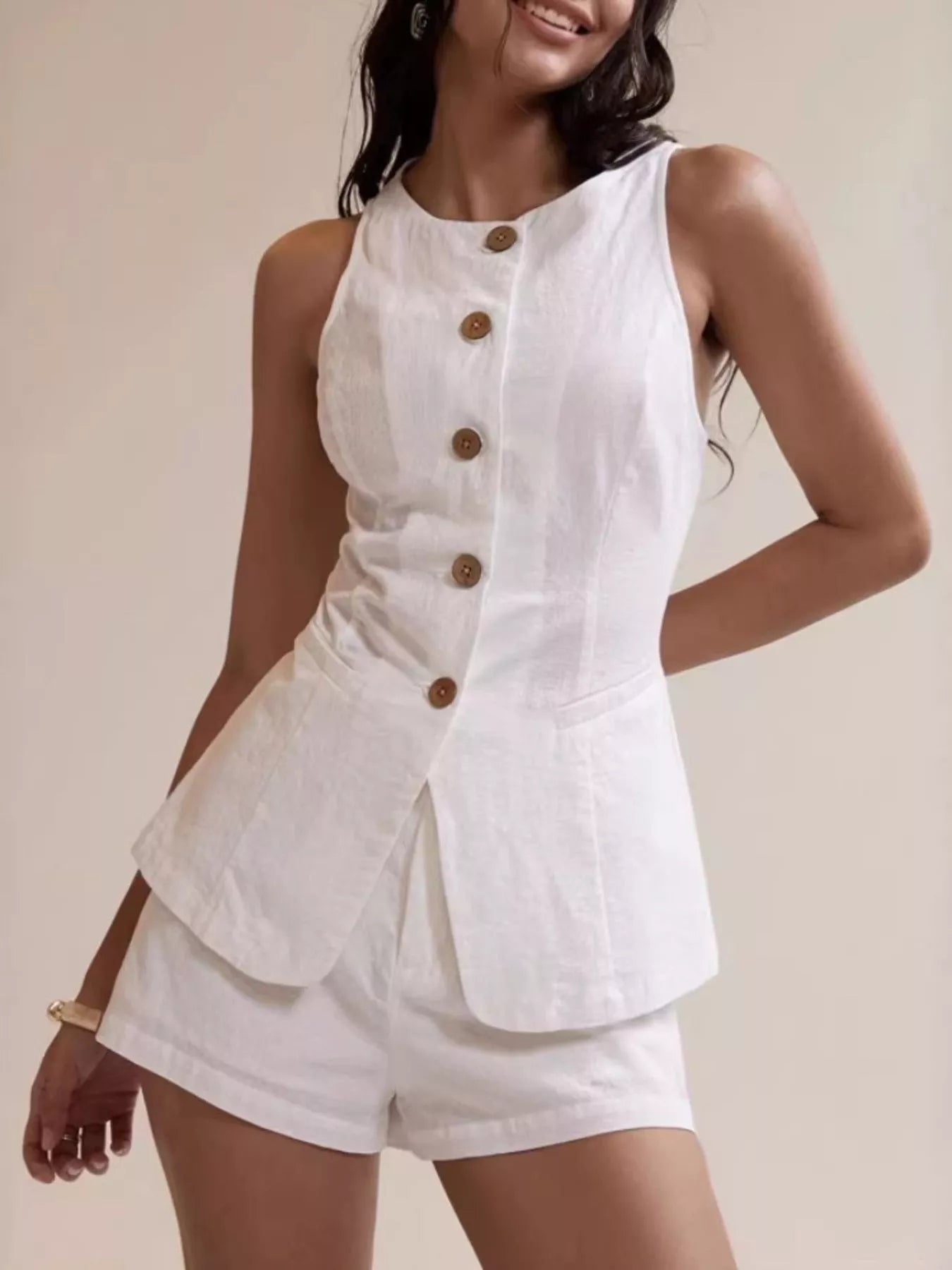 Women’s Cotton Two-Piece Button Detail Set – Sleeveless Top & Mini Skirt Outfit 0