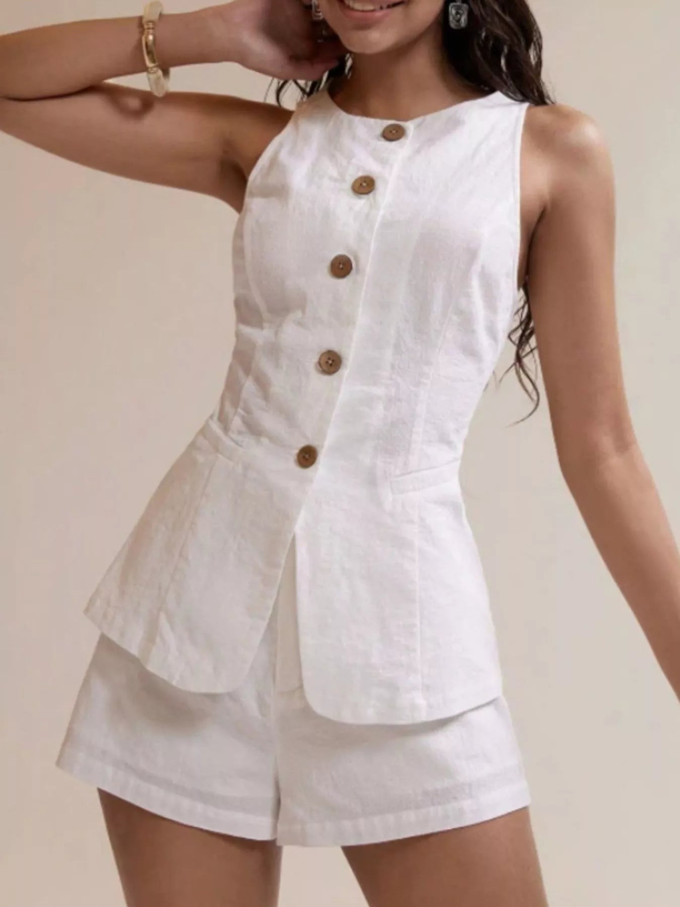 Women’s Cotton Two-Piece Button Detail Set – Sleeveless Top & Mini Skirt Outfit 3