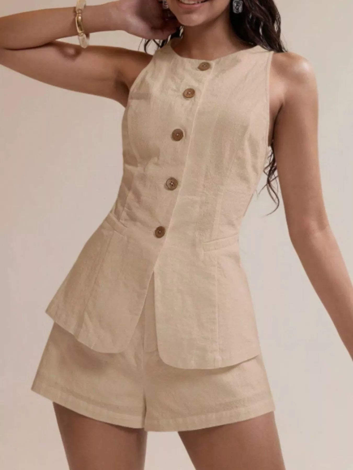 Women’s Cotton Two-Piece Button Detail Set – Sleeveless Top & Mini Skirt Outfit 5