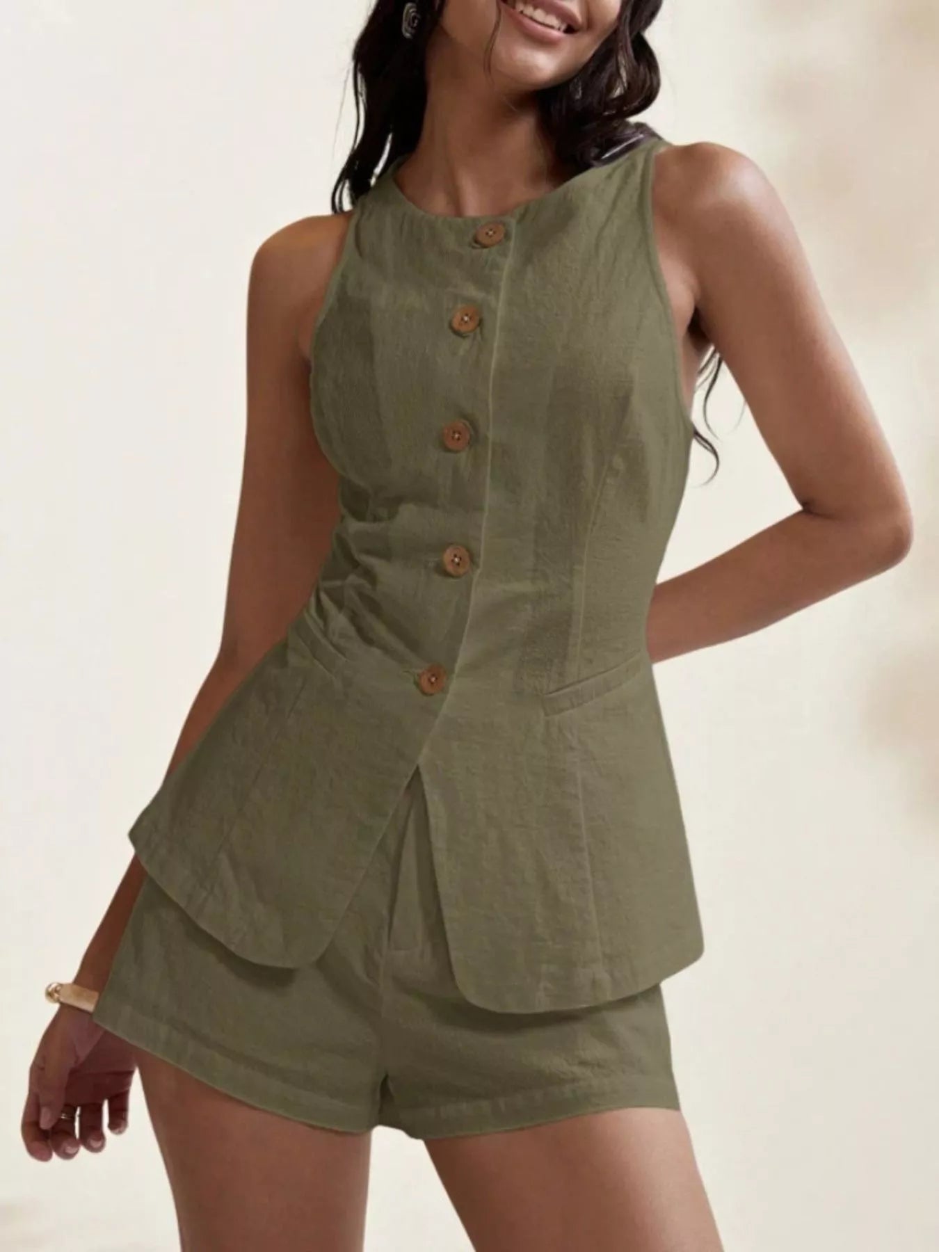 Women’s Cotton Two-Piece Button Detail Set – Sleeveless Top & Mini Skirt Outfit 9