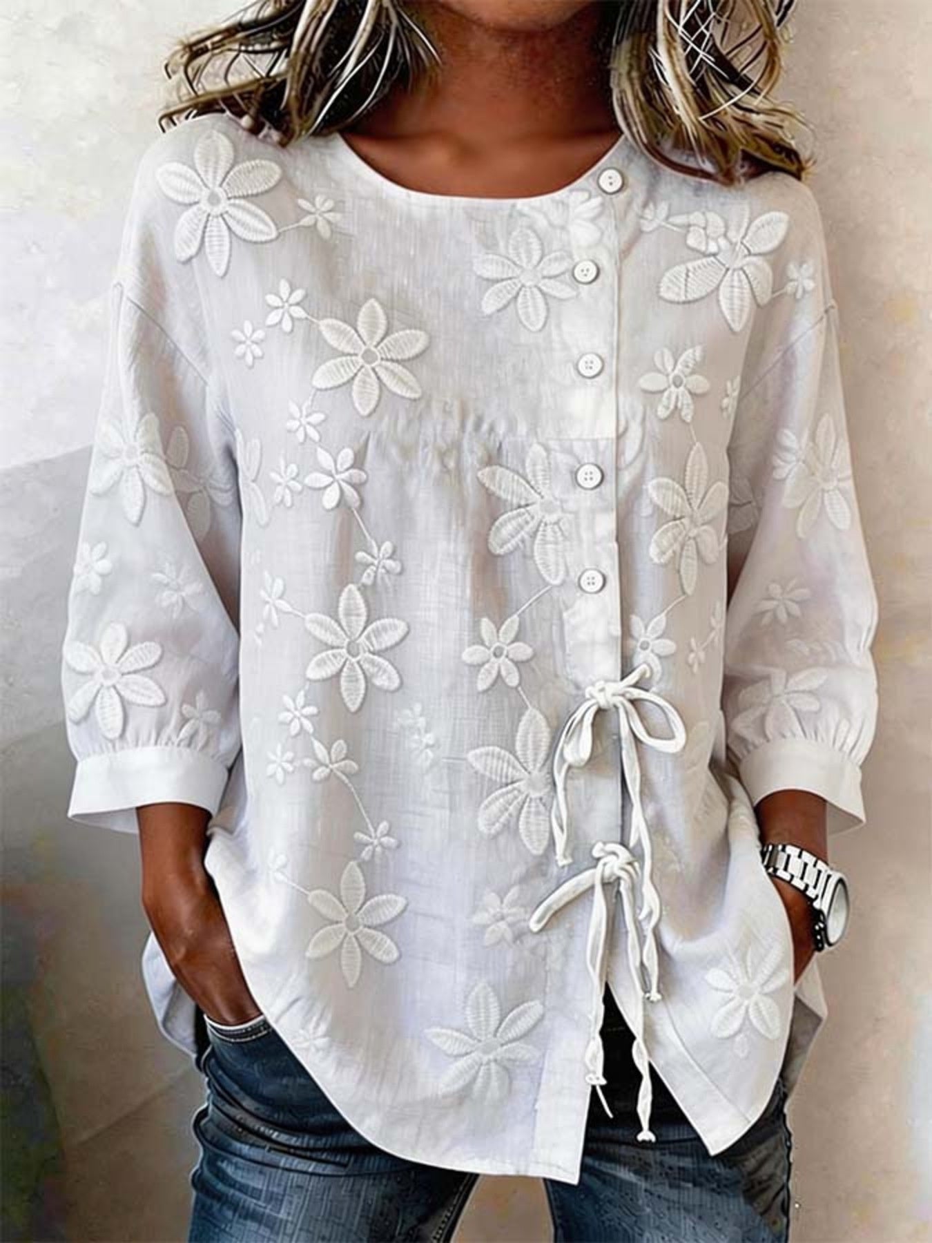 Women’s Embroidered Buttoned Tie-Front Blouse – Short Sleeve Summer Top 0