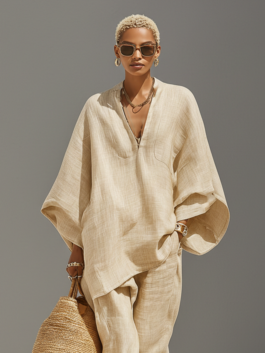 Women’s Neutral Textured Linen Blend Co-Ord Set – Asymmetric Hem Minimalist Daily Casual Outfit 2