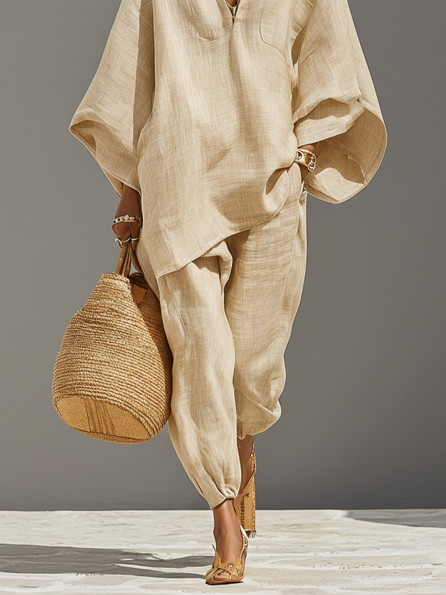 Women’s Neutral Textured Linen Blend Co-Ord Set – Asymmetric Hem Minimalist Daily Casual Outfit 3