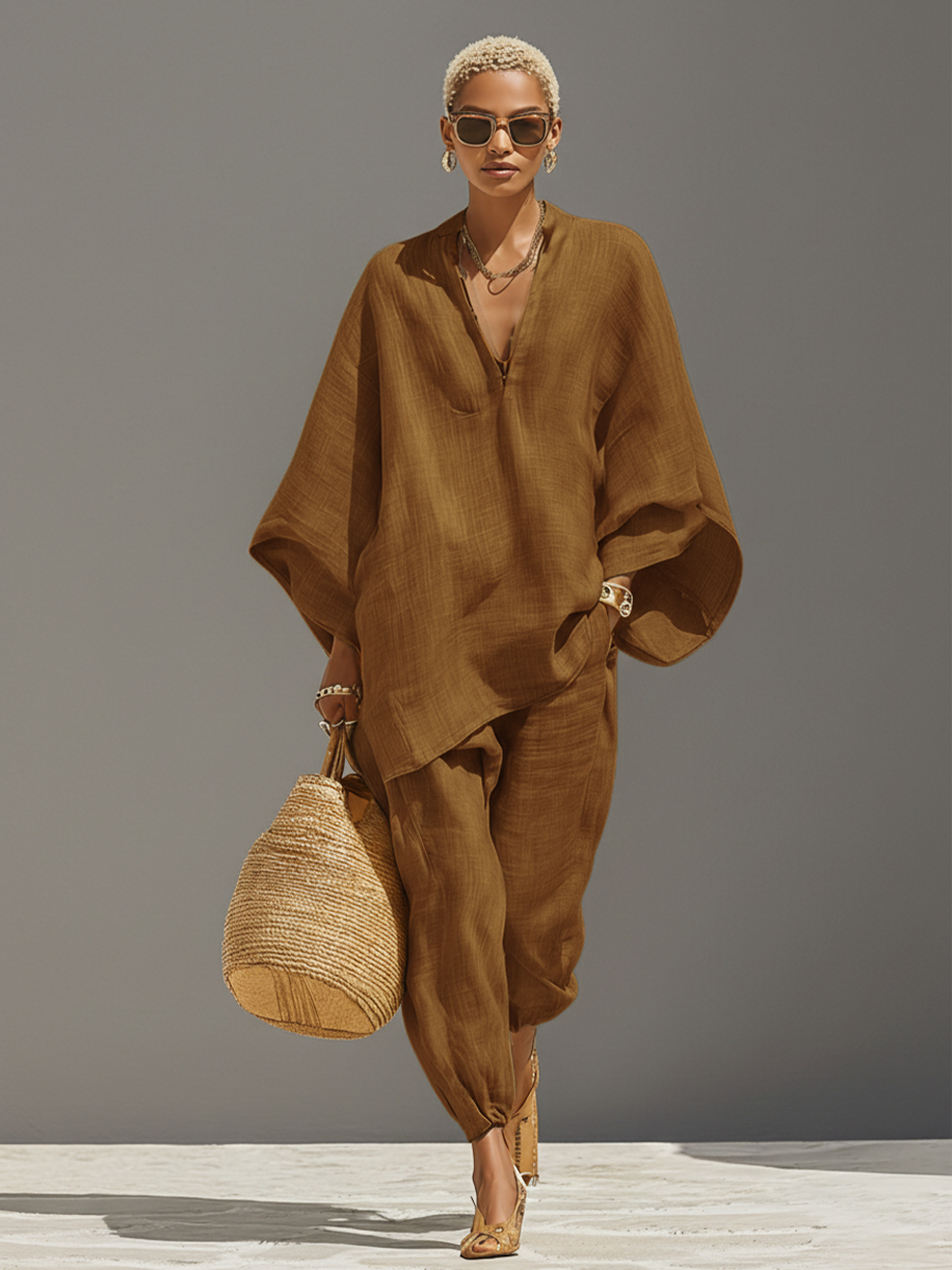 Women’s Neutral Textured Linen Blend Co-Ord Set – Asymmetric Hem Minimalist Daily Casual Outfit 4