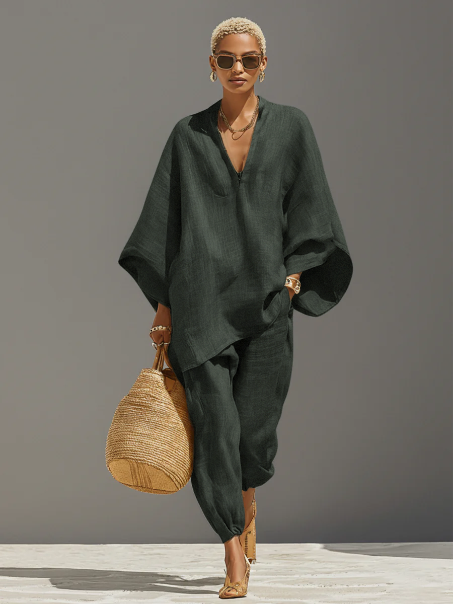 Women’s Neutral Textured Linen Blend Co-Ord Set – Asymmetric Hem Minimalist Daily Casual Outfit 5